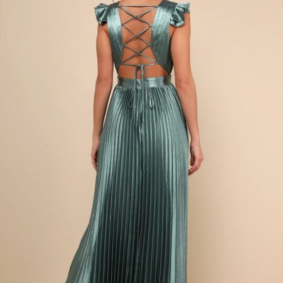 Lulus Exceptional Drama Sage Green Satin Lace-up Pleated Maxi Dress - Size L - Picture 2 of 5